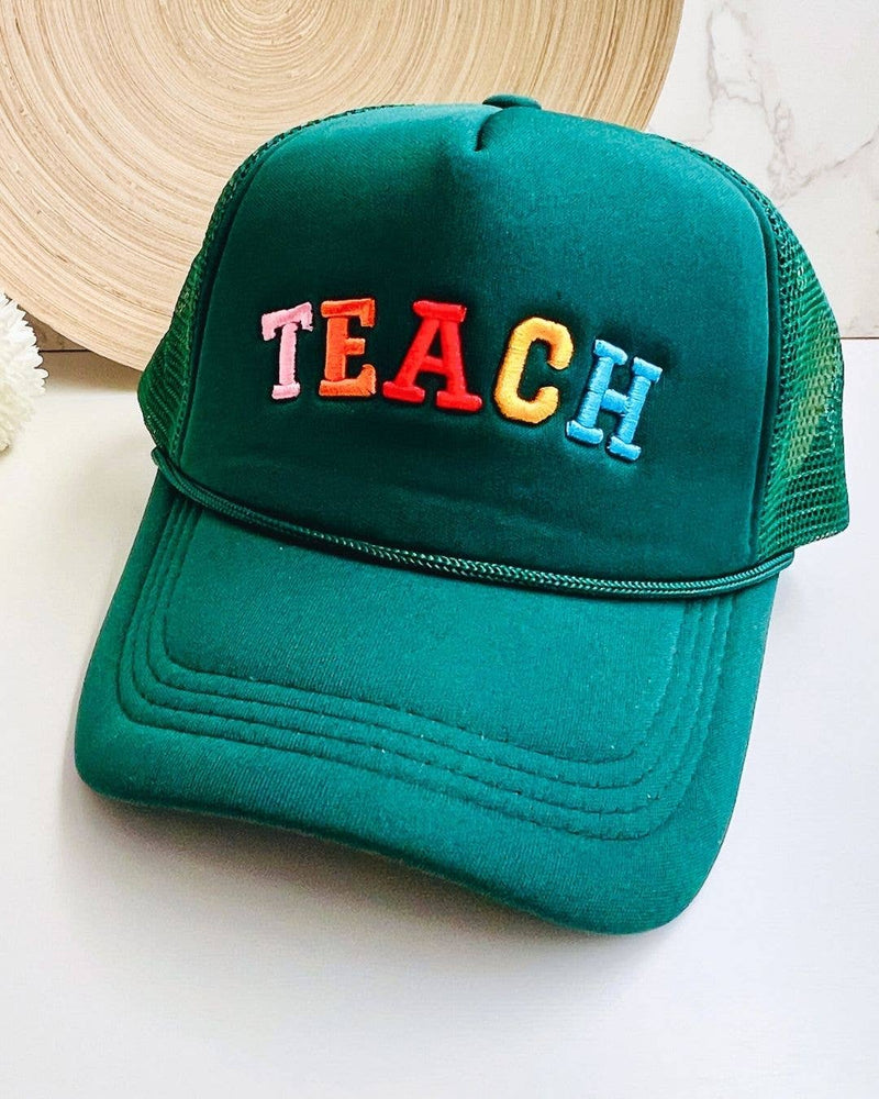 Embroidered TEACH Hat | Colorful Green Trucker Baseball Cap