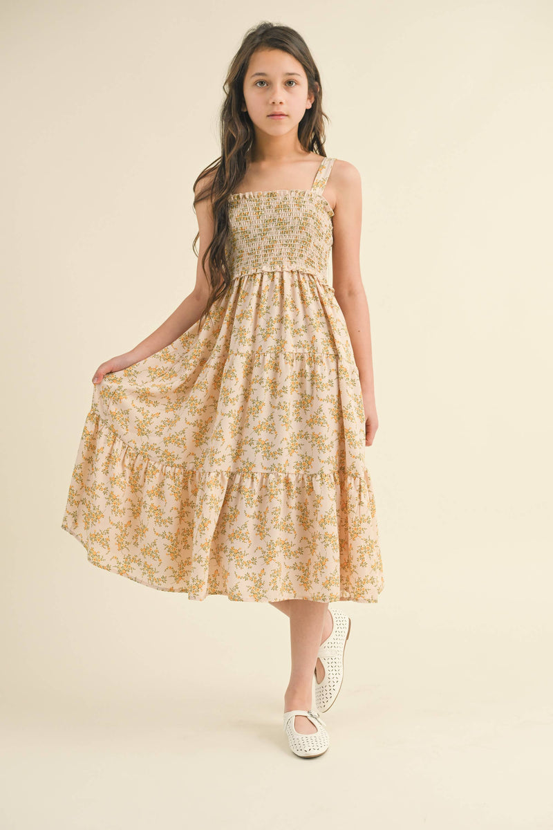 TWEEN GIRLS KIDS SMOCKED TIERED MIDI DRESS (7-12)