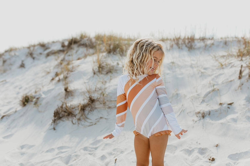 Kids Beige Stripe Rainbow Zip Rash Guard One Piece Swimsuit