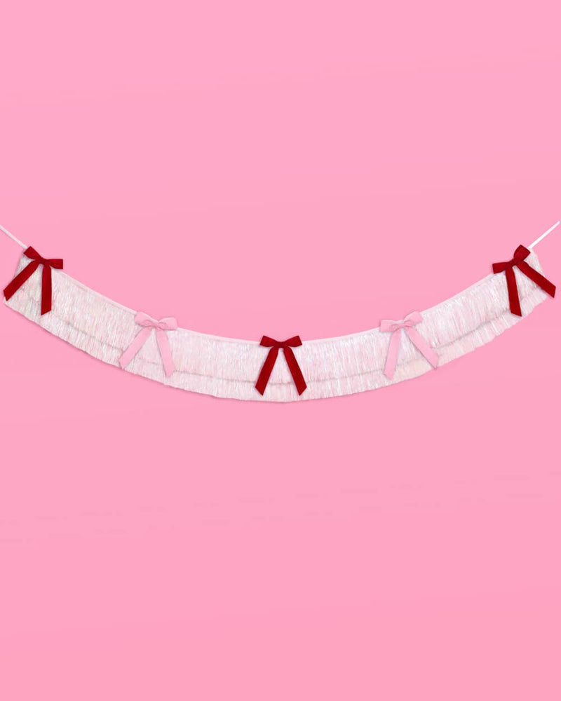 Bow Bliss Banner - layered fringe + velvet bows, white, pink