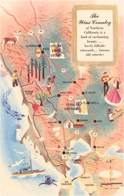 Postcard BA-168 Map of California Wine Country