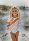 Kids Beige Stripe Rainbow Zip Rash Guard One Piece Swimsuit
