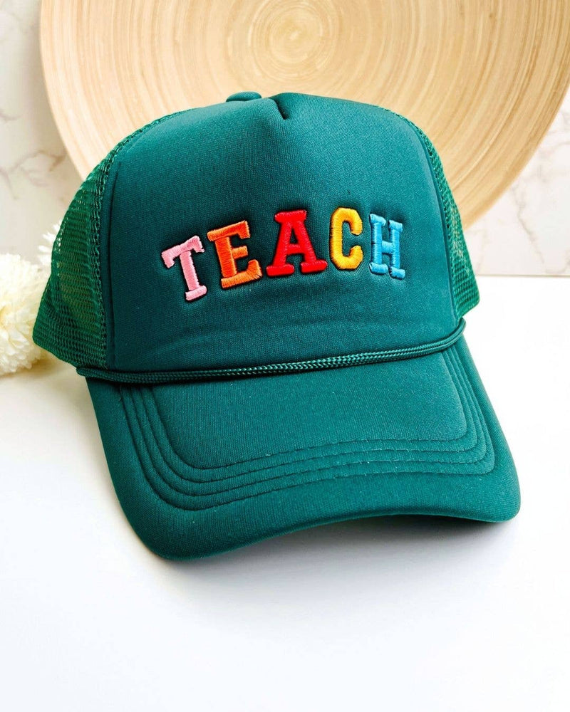 Embroidered TEACH Hat | Colorful Green Trucker Baseball Cap