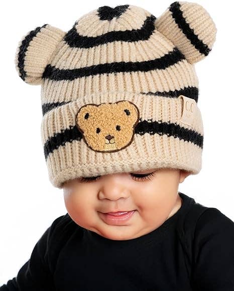 Infant Teddy Bear Ears Beanie - Striped - Beige