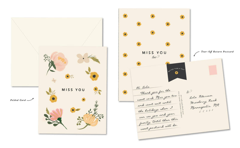 Miss You Floral Greeting card with return tear-off postcard