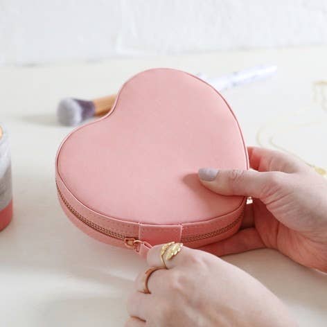 Peach Pink Heart  Pu Travel Jewellery Case