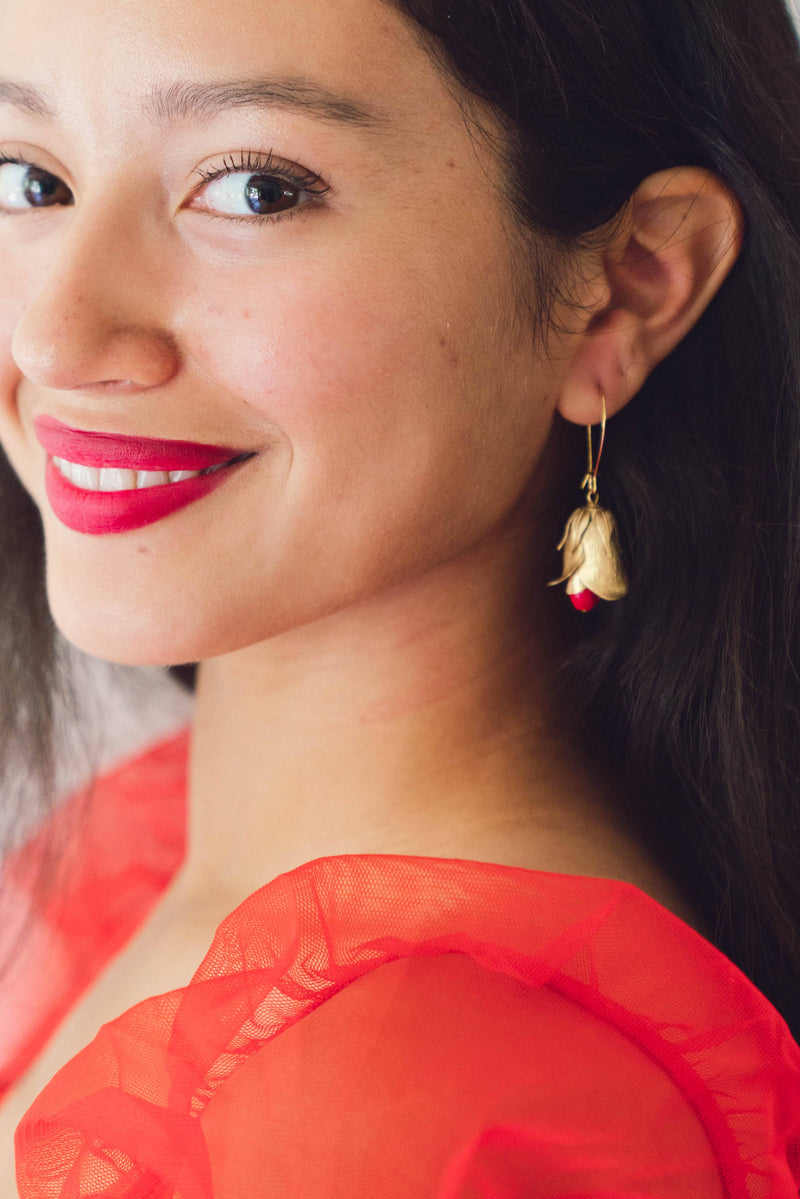 Red Flower Bud Hanging Earrings